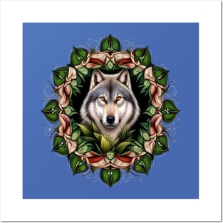 A Timber Wolf Surrounded By Lady's Slipper Minnesota State Tattoo Art Posters and Art